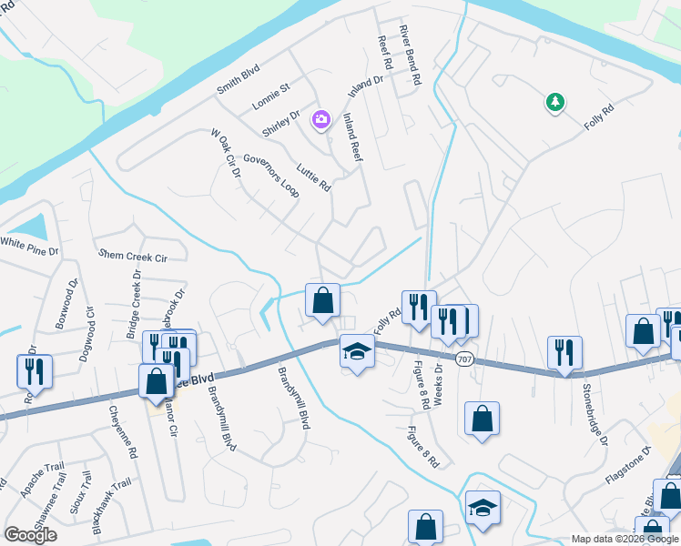 map of restaurants, bars, coffee shops, grocery stores, and more near 614 Geddings Drive in Myrtle Beach