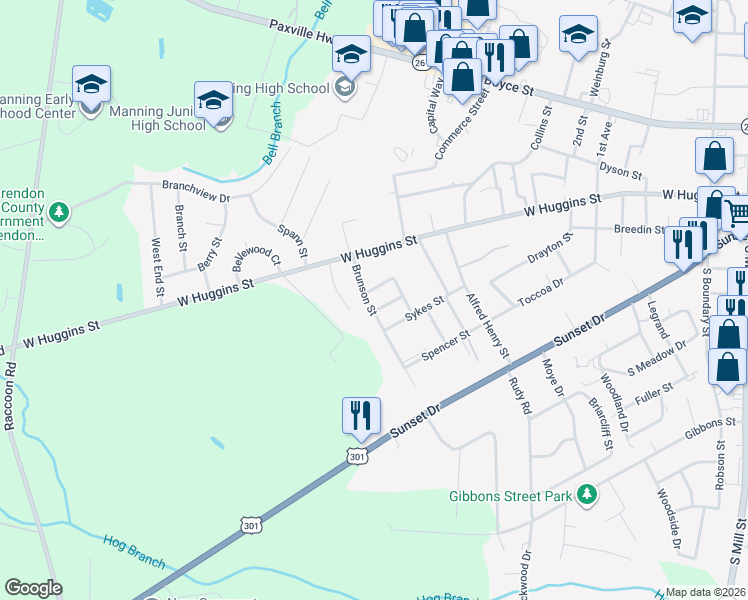 map of restaurants, bars, coffee shops, grocery stores, and more near 606 Dupree Street in Manning