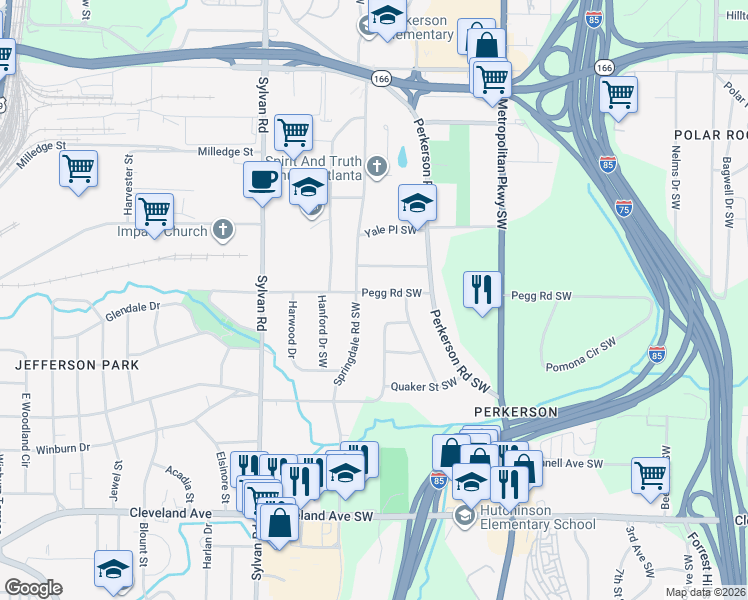 map of restaurants, bars, coffee shops, grocery stores, and more near 2430 Springdale Road Southwest in Atlanta