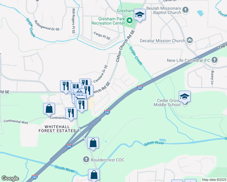 map of restaurants, bars, coffee shops, grocery stores, and more near 3283 Sugar Creek Falls Avenue Southeast in Atlanta