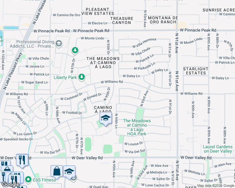 map of restaurants, bars, coffee shops, grocery stores, and more near 9421 West Donald Drive in Peoria