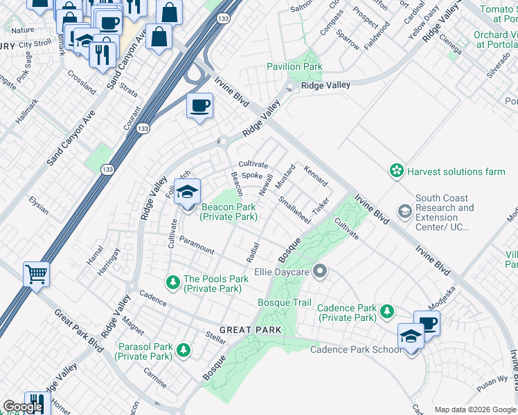 map of restaurants, bars, coffee shops, grocery stores, and more near 106 Newall in Irvine