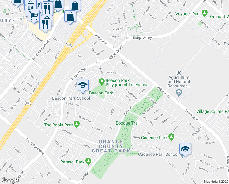 map of restaurants, bars, coffee shops, grocery stores, and more near 111 Newall in Irvine