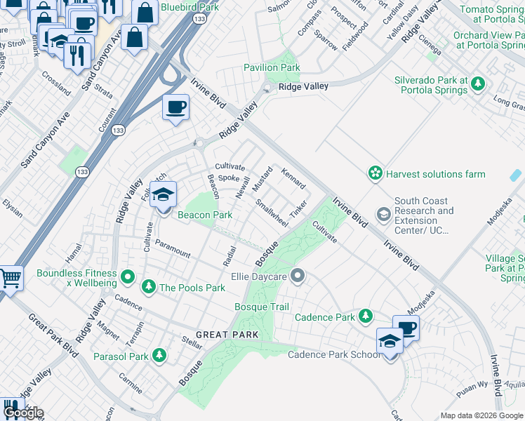 map of restaurants, bars, coffee shops, grocery stores, and more near 115 Diamondback in Irvine