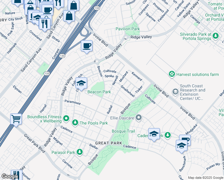 map of restaurants, bars, coffee shops, grocery stores, and more near 106 Newall in Irvine