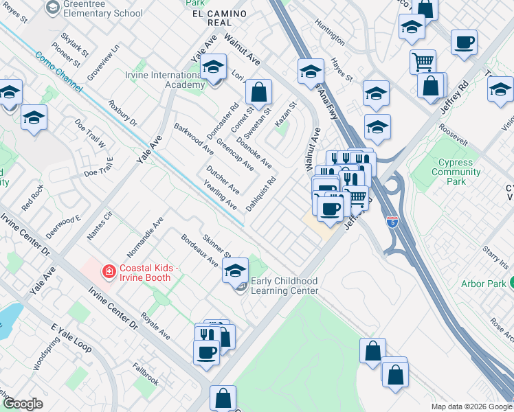 map of restaurants, bars, coffee shops, grocery stores, and more near 14912 Dahlquist Road in Irvine