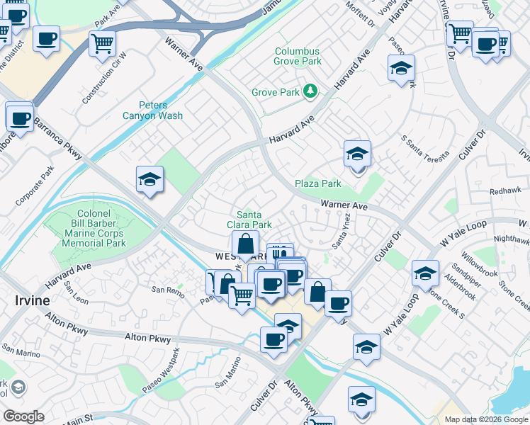 map of restaurants, bars, coffee shops, grocery stores, and more near 1701 Reggio Aisle in Irvine