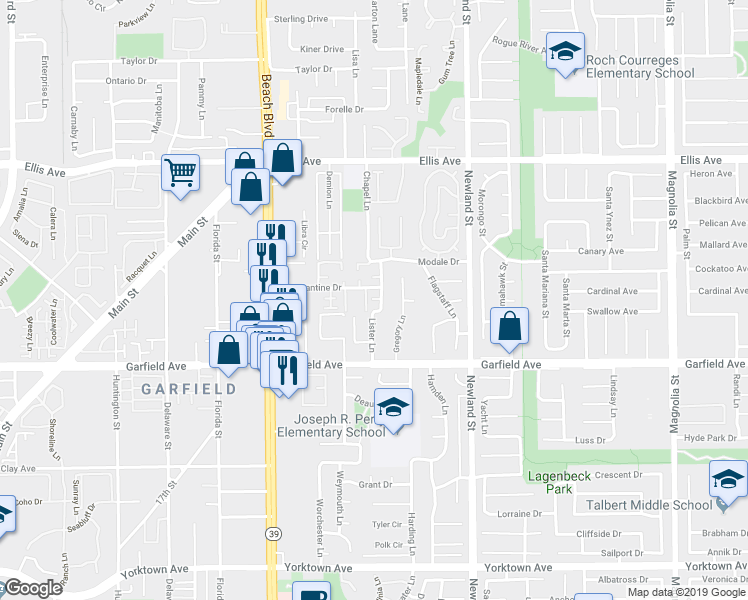 map of restaurants, bars, coffee shops, grocery stores, and more near 18862 Lister Lane in Huntington Beach