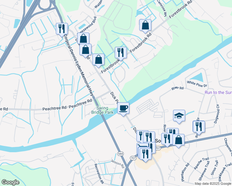map of restaurants, bars, coffee shops, grocery stores, and more near 6010 Dick Pond Road in Myrtle Beach