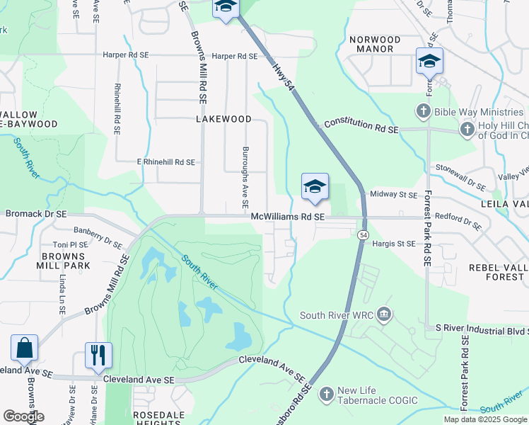 map of restaurants, bars, coffee shops, grocery stores, and more near 561 McWilliams Road in Atlanta
