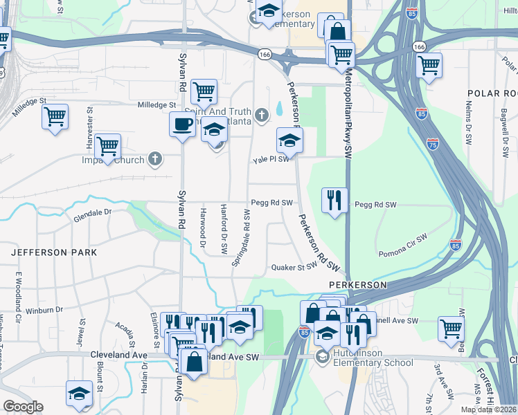 map of restaurants, bars, coffee shops, grocery stores, and more near 2430 Springdale Road Southwest in Atlanta