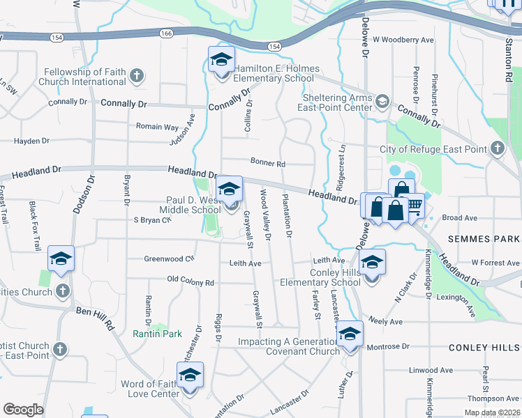 map of restaurants, bars, coffee shops, grocery stores, and more near 2449 Wood Valley Drive in East Point