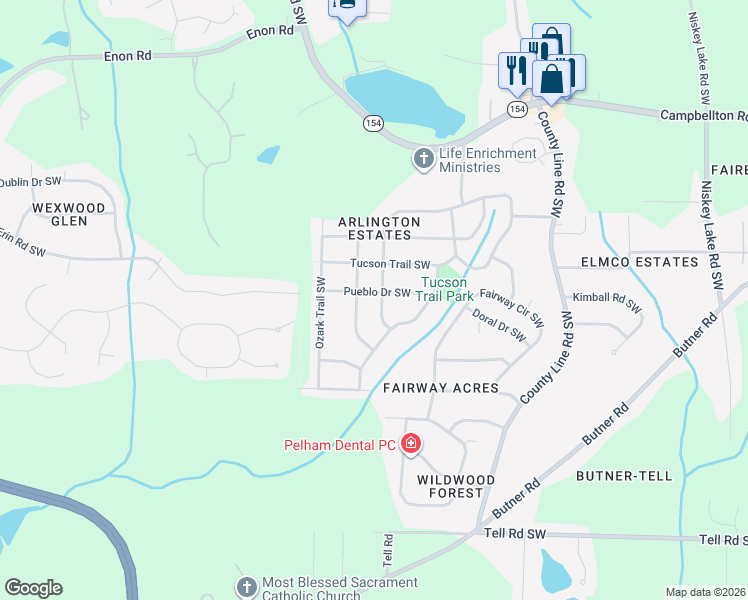 map of restaurants, bars, coffee shops, grocery stores, and more near 4838 Santa Fe Trail Southwest in Atlanta