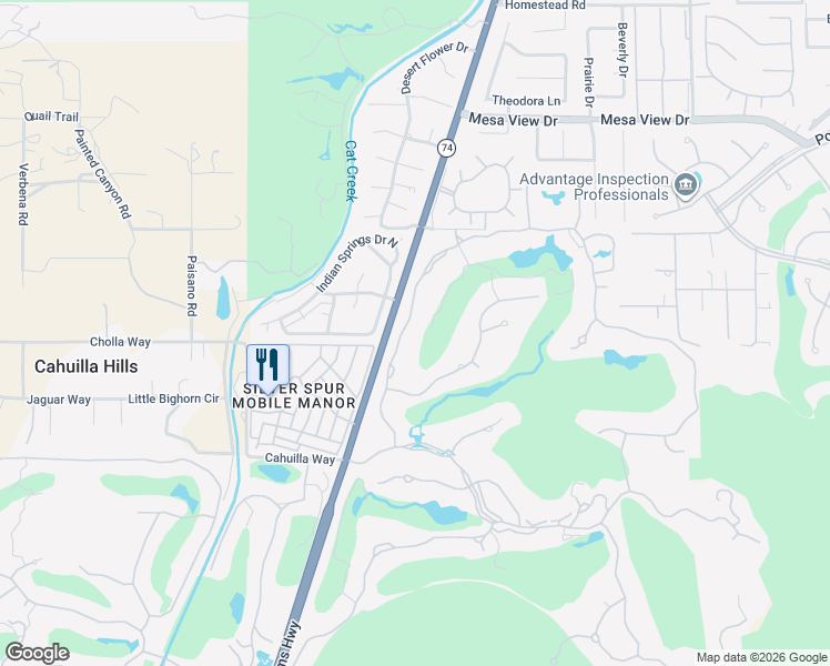 map of restaurants, bars, coffee shops, grocery stores, and more near 952 Andreas Canyon Drive in Palm Desert