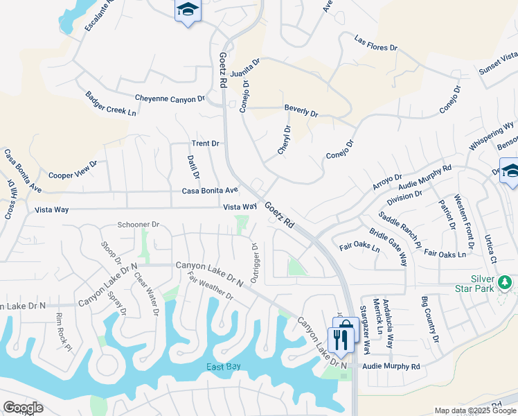 map of restaurants, bars, coffee shops, grocery stores, and more near 23991 Vista Way in Canyon Lake