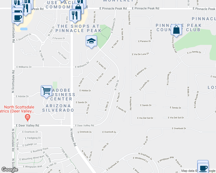 map of restaurants, bars, coffee shops, grocery stores, and more near 22339 North 77th Way in Scottsdale