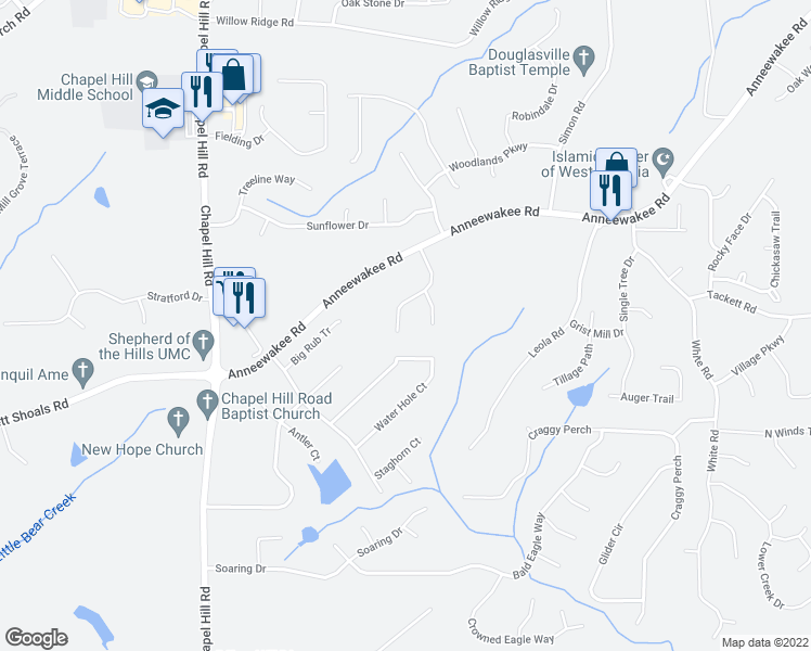 map of restaurants, bars, coffee shops, grocery stores, and more near 4350 Doublegate Drive in Douglasville