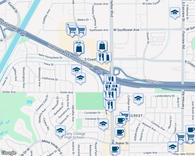 map of restaurants, bars, coffee shops, grocery stores, and more near in Costa Mesa