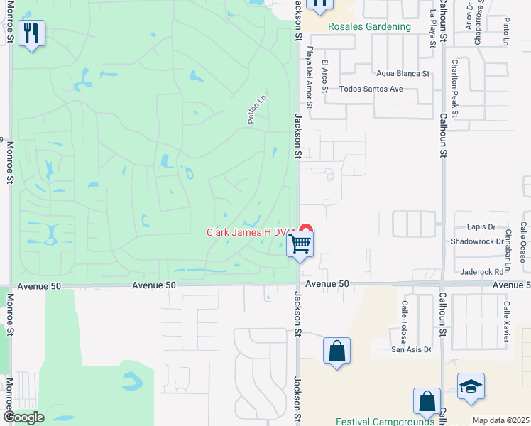 map of restaurants, bars, coffee shops, grocery stores, and more near 49535 Redford Way in Indio