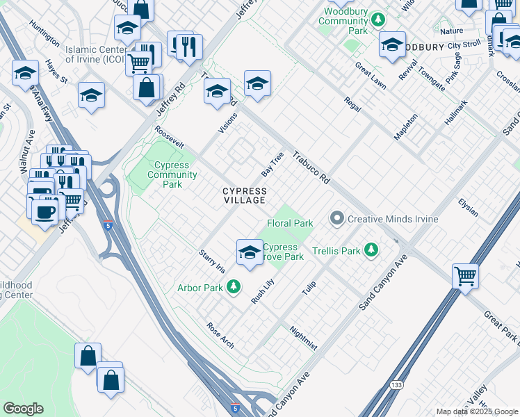 map of restaurants, bars, coffee shops, grocery stores, and more near Roosevelt in Irvine