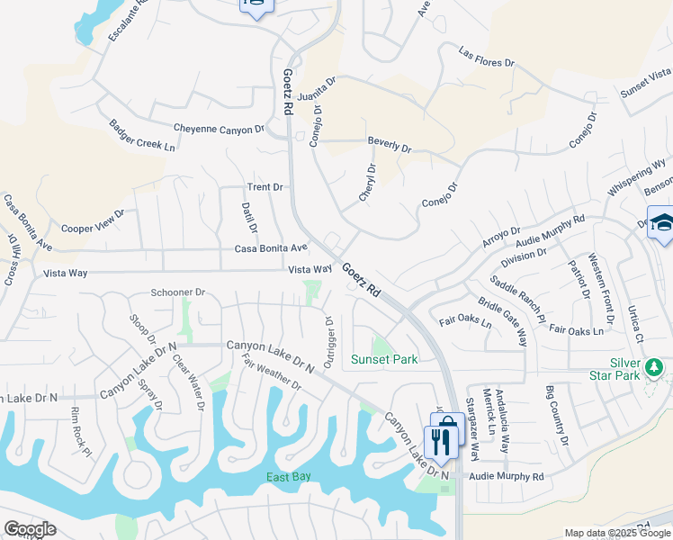 map of restaurants, bars, coffee shops, grocery stores, and more near 23991 Vista Way in Canyon Lake