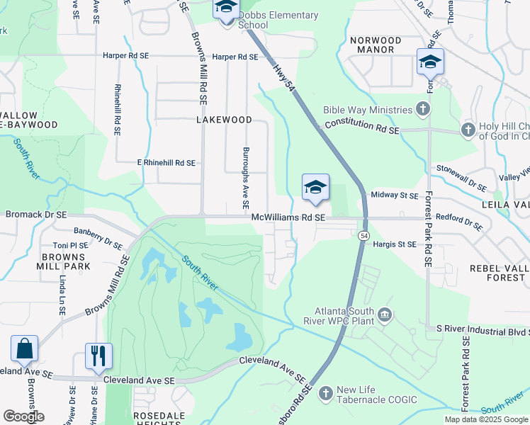 map of restaurants, bars, coffee shops, grocery stores, and more near 568 McWilliams Road in Atlanta