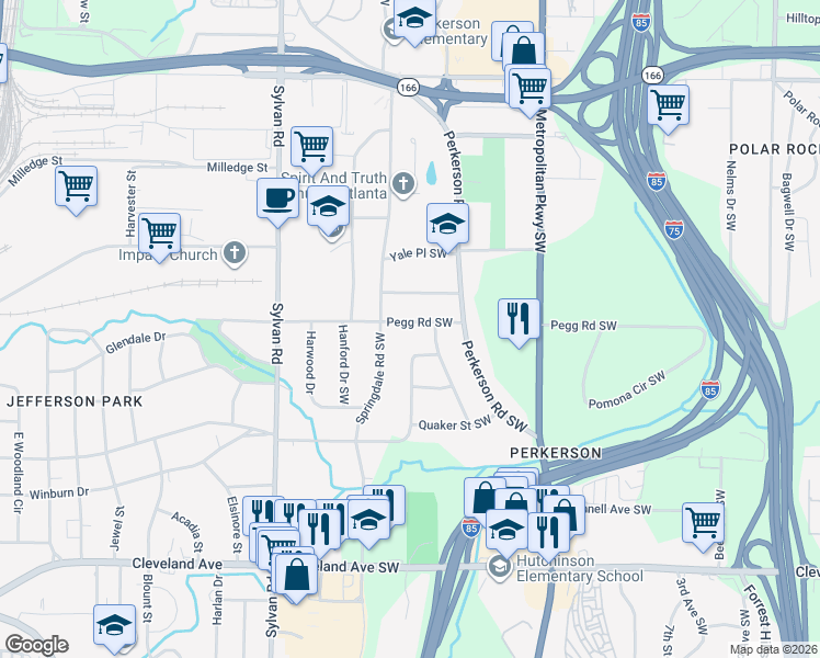 map of restaurants, bars, coffee shops, grocery stores, and more near 2430 Springdale Road Southwest in Atlanta