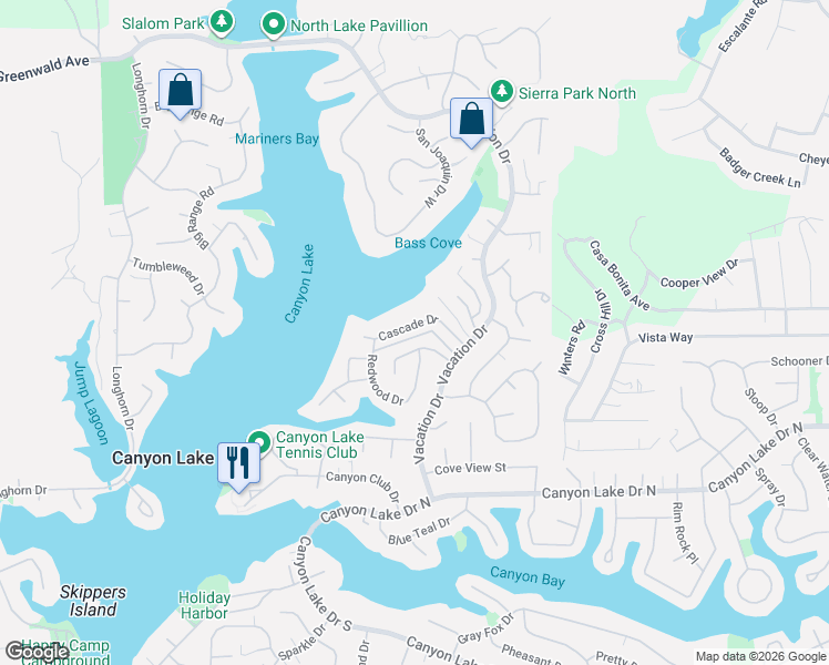 map of restaurants, bars, coffee shops, grocery stores, and more near 22637 Cascade Drive in Canyon Lake