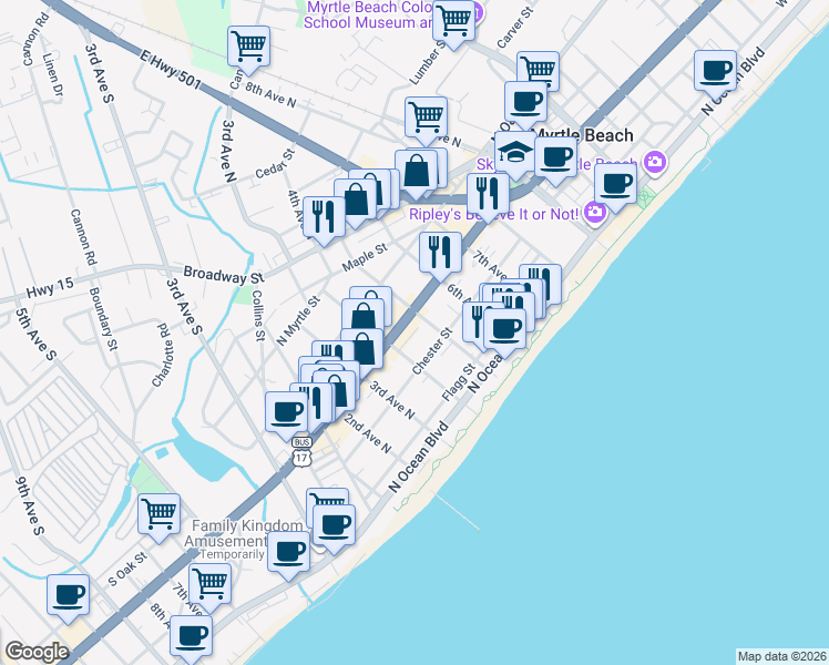 map of restaurants, bars, coffee shops, grocery stores, and more near in Myrtle Beach
