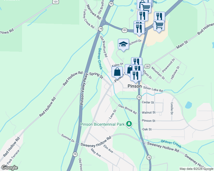 map of restaurants, bars, coffee shops, grocery stores, and more near 4099 Spring Street in Pinson