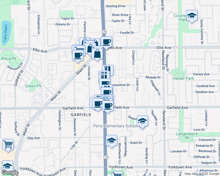 map of restaurants, bars, coffee shops, grocery stores, and more near 18872 Beach Boulevard in Huntington Beach