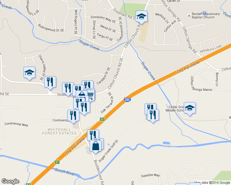 map of restaurants, bars, coffee shops, grocery stores, and more near 3277 Sugar Creek Falls Avenue Southeast in Atlanta