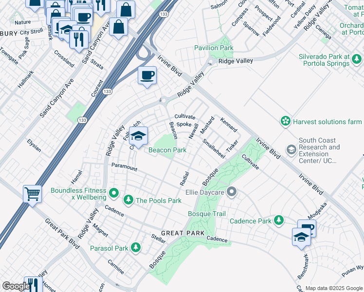 map of restaurants, bars, coffee shops, grocery stores, and more near 105 Newall in Irvine