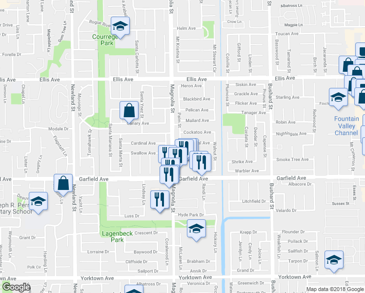 map of restaurants, bars, coffee shops, grocery stores, and more near 9050 Cardinal Avenue in Fountain Valley