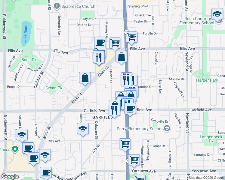 map of restaurants, bars, coffee shops, grocery stores, and more near 7831 Shaffer Circle in Huntington Beach
