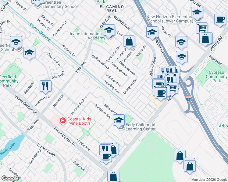 map of restaurants, bars, coffee shops, grocery stores, and more near 5101 Norris Street in Irvine
