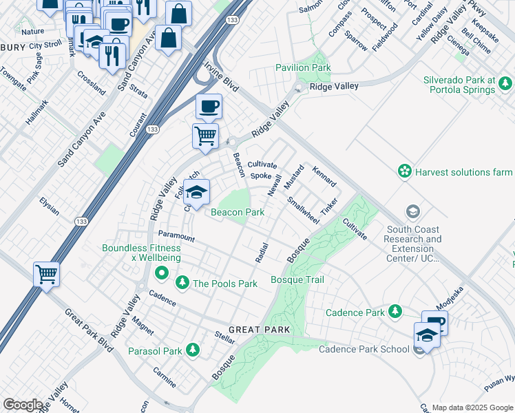 map of restaurants, bars, coffee shops, grocery stores, and more near 101 Newall in Irvine