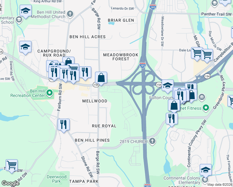 map of restaurants, bars, coffee shops, grocery stores, and more near 3557 Valeland Avenue Southwest in Atlanta