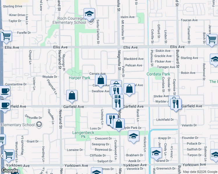 map of restaurants, bars, coffee shops, grocery stores, and more near 8912 Cardinal Avenue in Fountain Valley