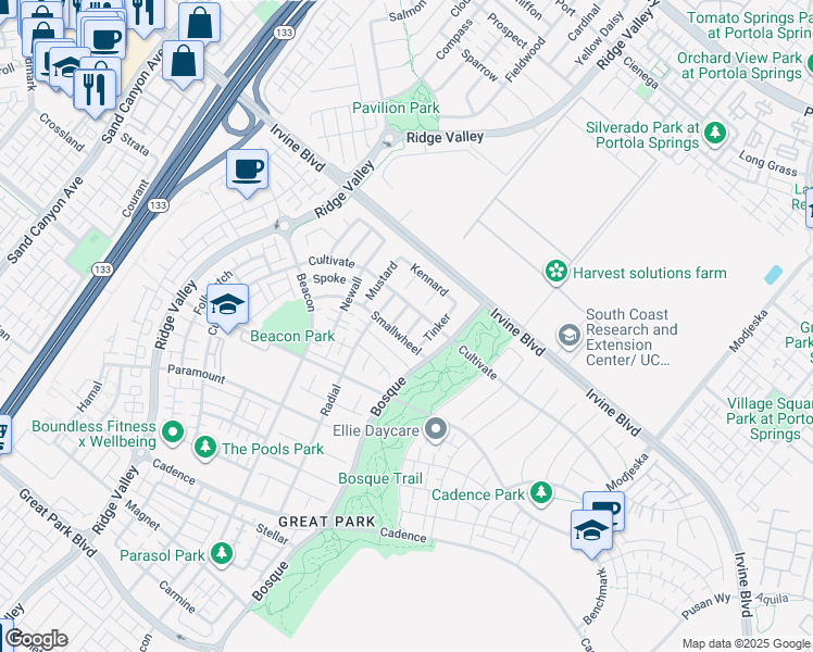 map of restaurants, bars, coffee shops, grocery stores, and more near 103 Aims in Irvine