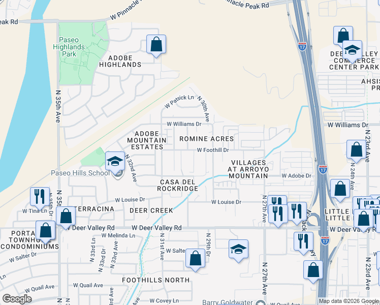 map of restaurants, bars, coffee shops, grocery stores, and more near 2965 West Foothill Drive in Phoenix