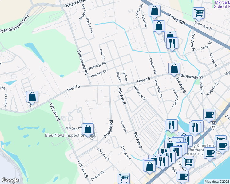 map of restaurants, bars, coffee shops, grocery stores, and more near 8 Century Street in Myrtle Beach