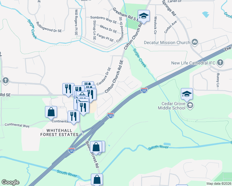 map of restaurants, bars, coffee shops, grocery stores, and more near 3277 Sugar Creek Falls Avenue Southeast in Atlanta