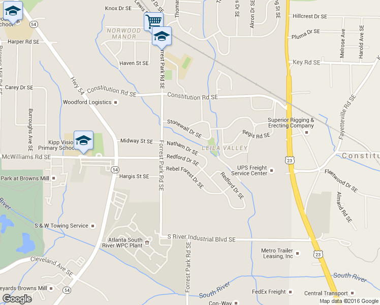 map of restaurants, bars, coffee shops, grocery stores, and more near 983 Natham Drive Southeast in Atlanta