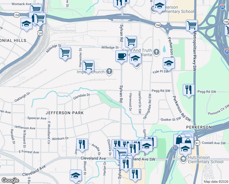 map of restaurants, bars, coffee shops, grocery stores, and more near 929 Parkside Terrace in East Point