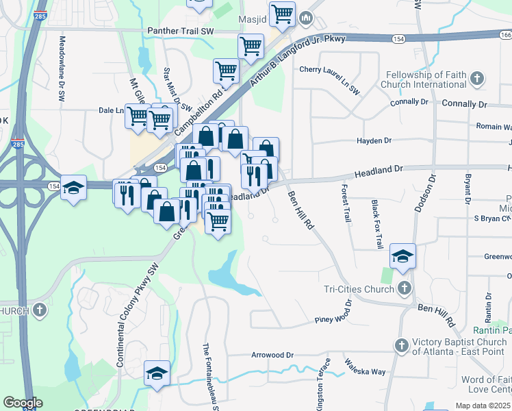 map of restaurants, bars, coffee shops, grocery stores, and more near 2440 McAlpine Terrace in East Point