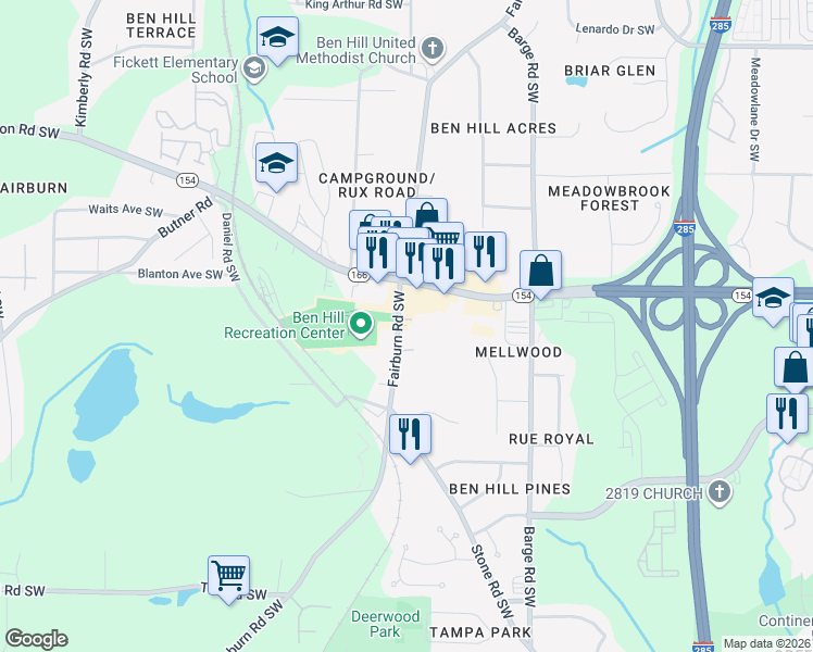 map of restaurants, bars, coffee shops, grocery stores, and more near 2426 Fairburn Road Southwest in Atlanta