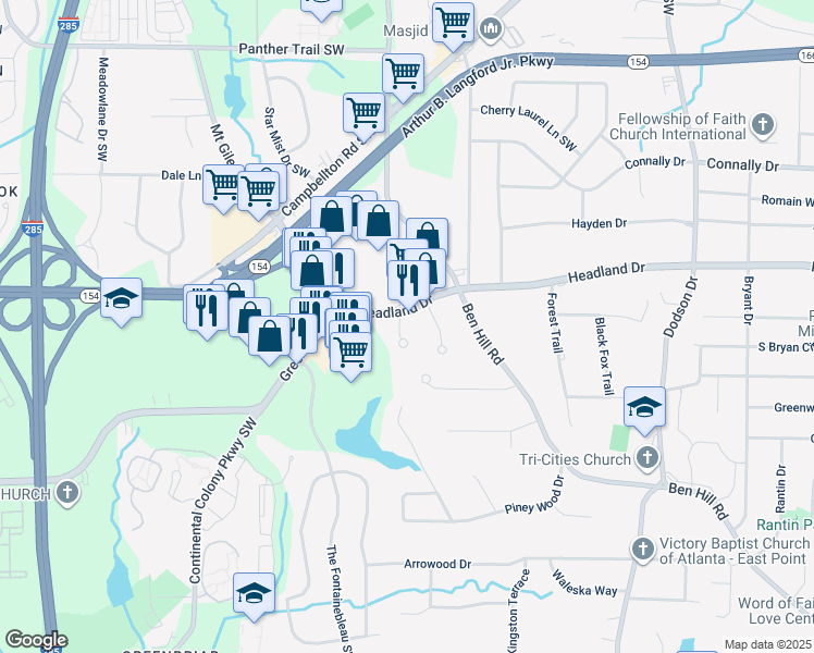 map of restaurants, bars, coffee shops, grocery stores, and more near 2440 McAlpine Terrace in East Point