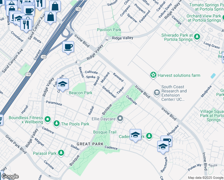 map of restaurants, bars, coffee shops, grocery stores, and more near 103 Aims in Irvine