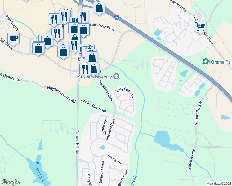 map of restaurants, bars, coffee shops, grocery stores, and more near 3137 Spicy Cedar Lane in Stonecrest